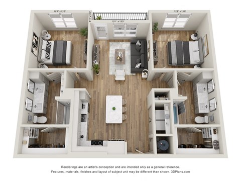 Floor plan for 2 beds, 2 baths, 1256 sqft